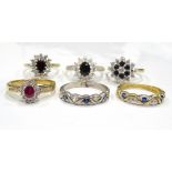 SIX GEM SET SILVER AND SILVER GILT RINGS the gemstones including sapphire,