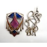 PAT CHENEY ART DECO STYLE ENAMELLED SILVER BROOCH with geometric decoration;