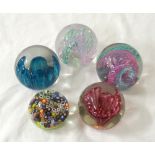 FIVE GLASS PAPERWEIGHTS