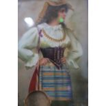 CONTINENTAL SCHOOL Portrait of Female Tambourine Player Signed Lower Right Indistinctly Oil on