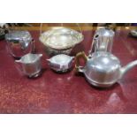 A COLLECTION OF PLATED WARE including tea pots two handled sugar bowl swing handled basket etc (6)