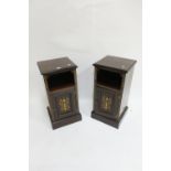 A PAIR OF MAHOGANY AND MARQUETRY INLAID BEDSIDE PEDESTALS the rectangular tops with moulded rims