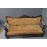 A GEORGIAN STYLE MAHOGANY CARVED SETTEE the rectangular raised back headed by a raised cartouche