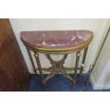 A CONTINENTAL GILTWOOD CONSOL TABLE, of demi-lune outline,