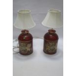 A PAIR OF RED AND GILT TOLE WARE STYLE TABLE LAMPS,