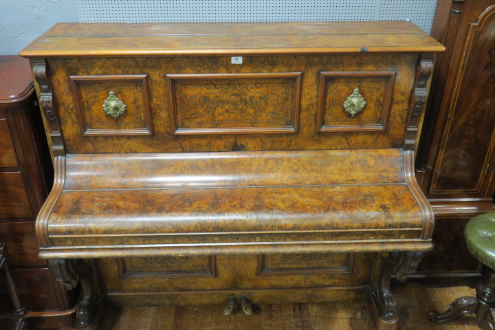 A VICTORIAN WALNUT CASED UPRIGHT PIANO BY SCHIEDMAYER RETAILED BY CRAMER WOOD AND CO DUBLIN the
