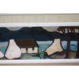 MARKEY ROBINSON Lake lanscape with buildings and figures Signed left Oil on board 23cms x 82cms