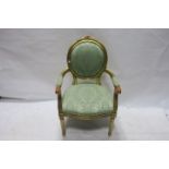 A CONTINENTAL STYLE GILT FRAMED DRAWING ROOM CHAIR,