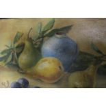 DENTON Still Life, Pears and Plums on a Table Oil on canvas board Signed lower right 27cms x 37cms.