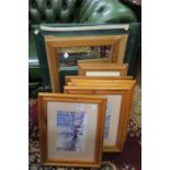 A BOX LOT OF VARIOUS PRINTS, together with mirrors and two alabaster table lamps.