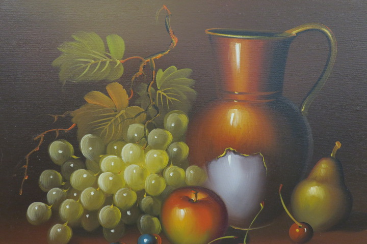 FURNISHING SCHOOL Table Top Fruit and Jug Oil on canvas 40cms x 50cms