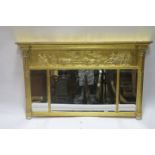 A 19th CENTURY GILT FRAMED OVERMANTLE MIRROR the rectangular breakfront frame decorated with