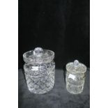 A WATERFORD CUT GLASS BISCUIT BARRELL, together with a waterford cut glass jam dish.