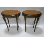 A PAIR OF CONTINENTAL KINGWOOD PARQUETRY AND GILT BRASS MOUNTED OCCASSIONAL TABLES,