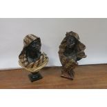 A PAIR OF PAINTED PLASTER BUSTS, Asian Females, shown draped in cloaks, one on a circular socle,