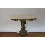 A CONTINENTAL STYLE CONSOLE TABLE the mock marble top with bevelled edge and canted corners about a