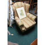 A GEORGIAN STYLE MAHOGANY AND UPHOLSTERED WING CHAIR,