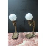 A PAIR OF ART NOUVEAU STYLE TABLE LAMPS in the form of a female above a shaped base with frosted