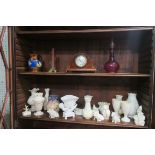 A MISCELLANEOUS COLLECTION including modern Belleek vases, a ruby glass decanter,