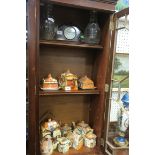 A MISCELLEANOUS COLLECTION, to include mahogany mantle clock, two cut glass decanters with stoppers,