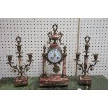 A CONTINENTAL MARBLE AND GILT BRASS MOUNTED CLOCK GARNITURE in classical style the clock with white