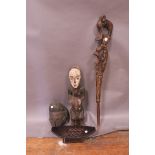 A COLLECTION OF AFRICAN HARDWOOD CARVED FIGURES, stool and walking stick,