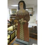 A PAINTED CUT OUT PANEL depicting a female holding a basket of flowers on rectangular base 124cm