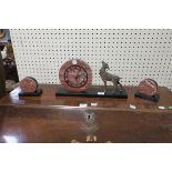 AN ART DECO STYLE TWO COLOURED MARBLE CLOCK GARNITURE,