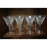 EIGHT WATERFORD CUT GLASS WINE GLASSES.