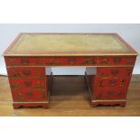 A GEORGIAN PEDESTAL DESK, decorated in the red Chinese Chinoiserie style,