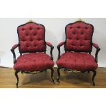 A PAIR OF CONTINENTAL STYLE EBONISED AND GILT BRASS SALON CHAIRS,