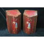 A PAIR OF RED LACQUERED AND POLYCHROME BOXES, each with a sloped hinged top and fluted frieze,