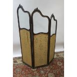 A CONTINENTAL MAHOGANY FRAMED THREE FOLD SCREEN the rectangular shaped frames headed by glazed