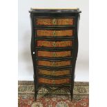 A 19TH CENTURY BLACK PAINTED BOULLLE WORK TALL BOY of bowed outline the pink and black marble top