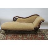 A 19TH CENTURY MAHOGANY FRAMED CHAISE LONG the moulded and scrolled frame with upholstered back,