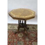 A 19TH CENTURY BURR WALNUT AND MARQUETRY INLAID OCCASIONAL TABLE the octagonal shaped top with
