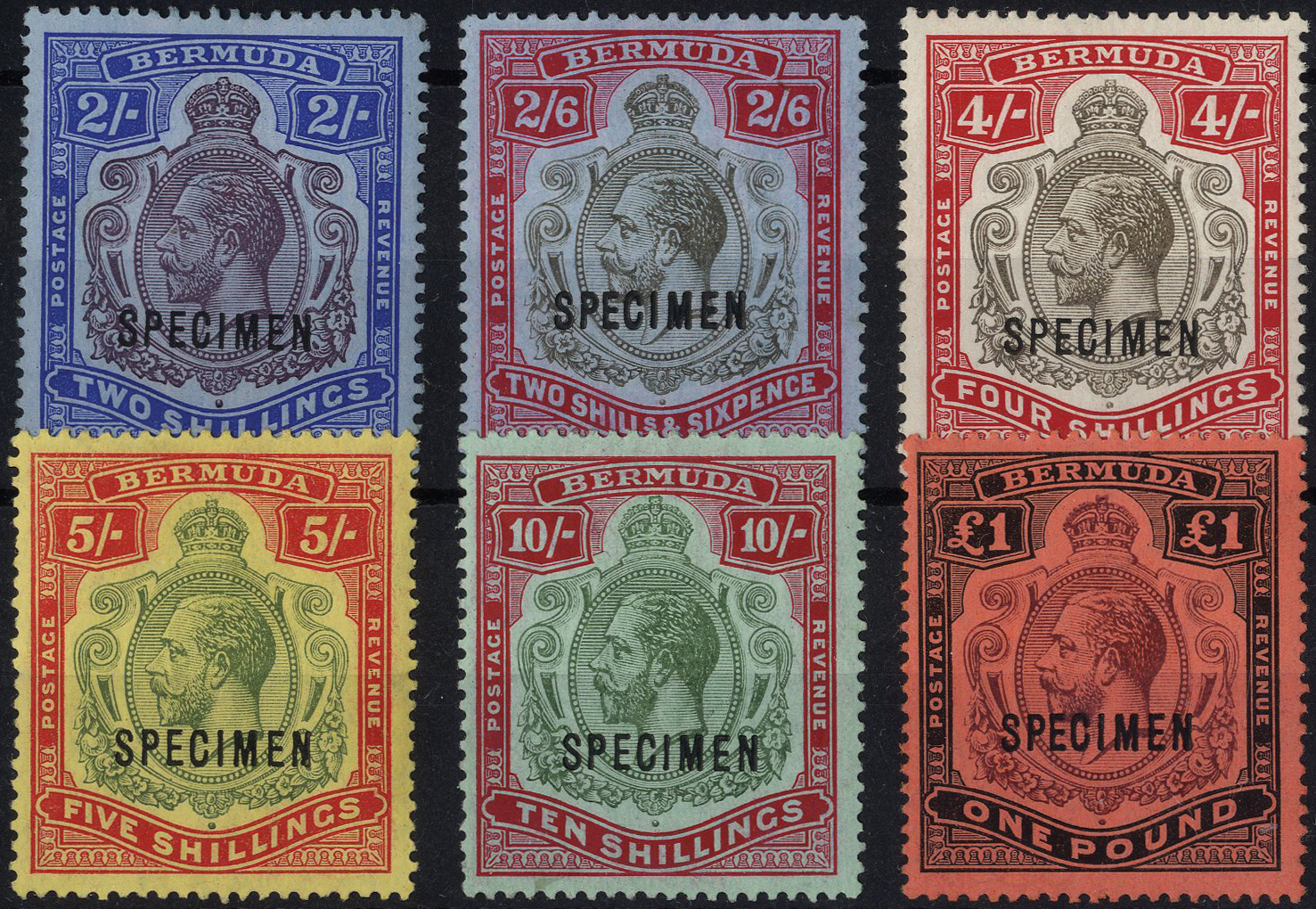 1918-22 2/- to £1 set of six overprinted SPECIMEN Type D12a, mint, assembled piecemeal; the 5/- with