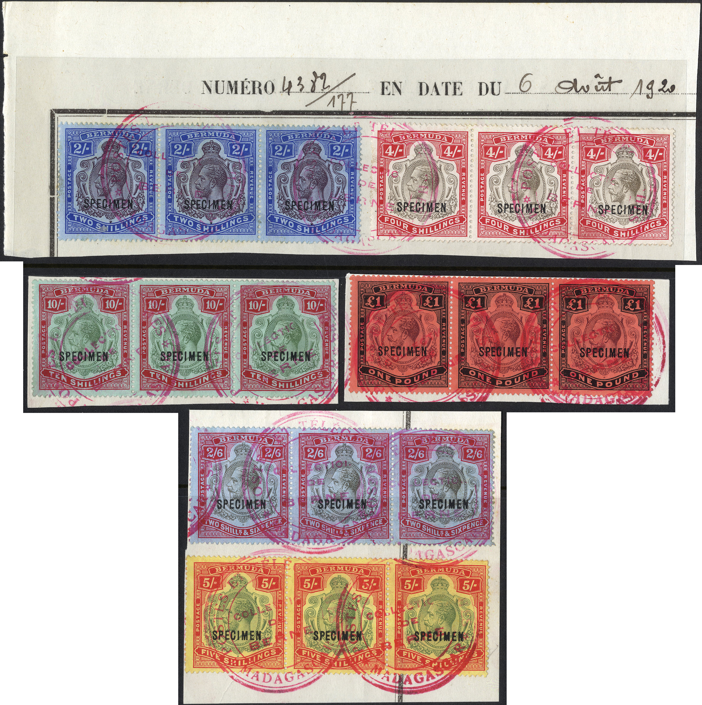 1918-22 2/- to £1 set of six in horizontal strips of three overprinted SPECIMEN Type D12a, affixed