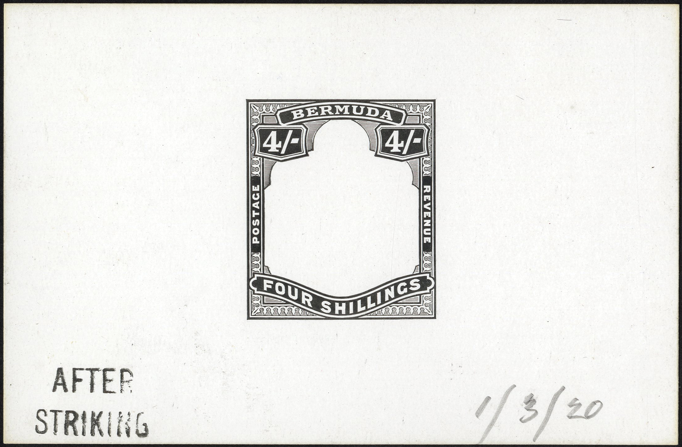 1920 4/- Die Proof of frame in black on glazed card 92 x 60mm, marked AFTER STRIKING and dated 1/3/