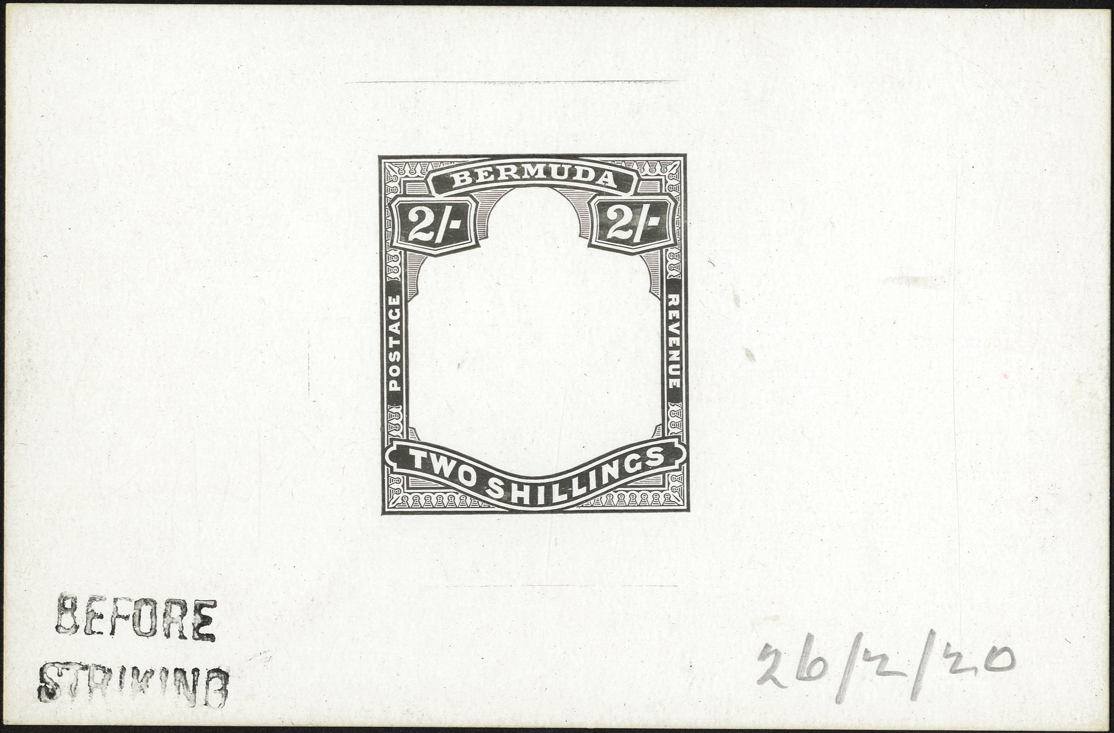 1920 Die Proof of 2/- frame in black on glazed card, marked BEFORE STRIKING and dated 26/2/20