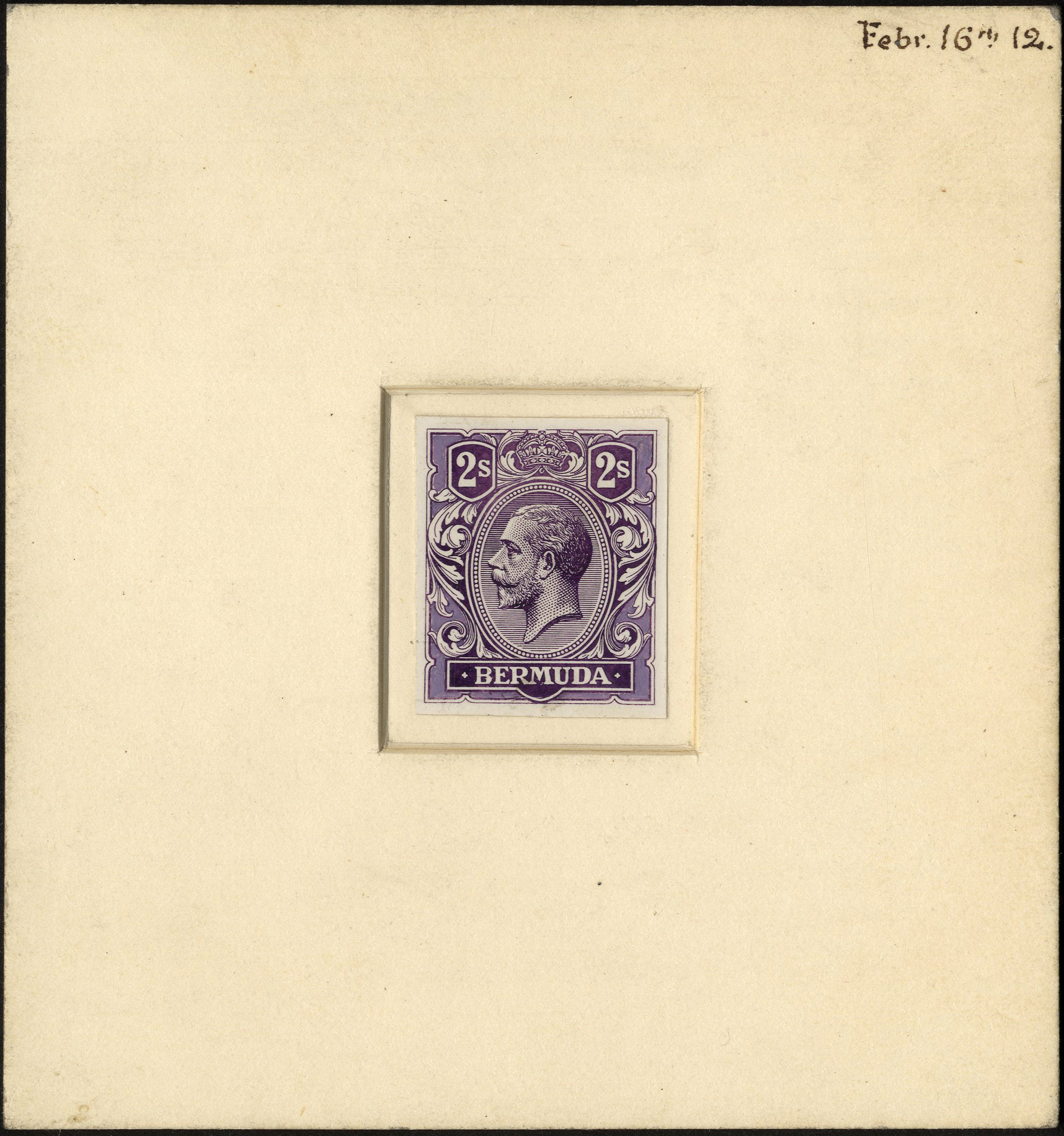 1912 essay for a 2/- value in small format on thin glossy paper, inset on thick card 85 x 91mm.