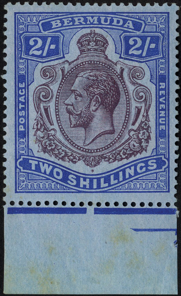 1920 2/- purple and blue on blue paper bottom marginal example with reversed watermark, mint, HPF #