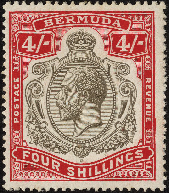 1920 4/- black and carmine with HPF #12 broken scroll, mint with a few fractionally toned perfs on