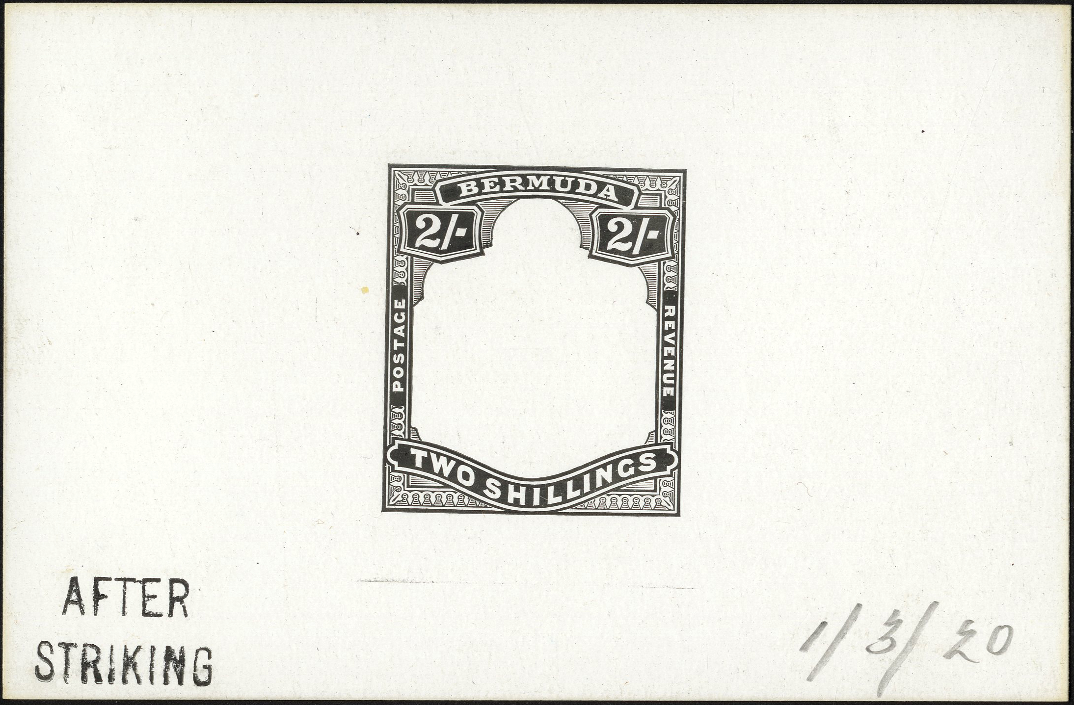 1920 Die Proof of 2/- frame in black on glazed card, marked AFTER STRIKING and dated 1/3/20. Ex