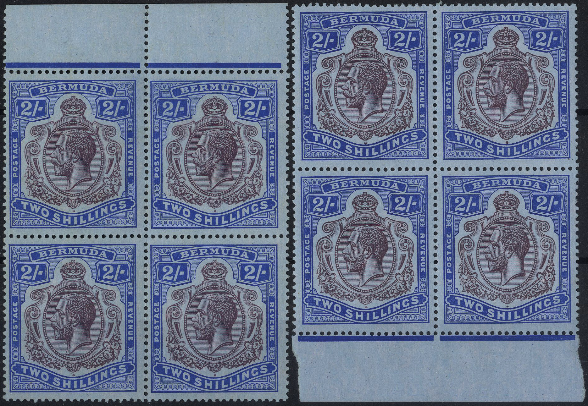 1920 2/- purple and blue on blue paper two mint marginal blocks of four; one top marginal (hinged on