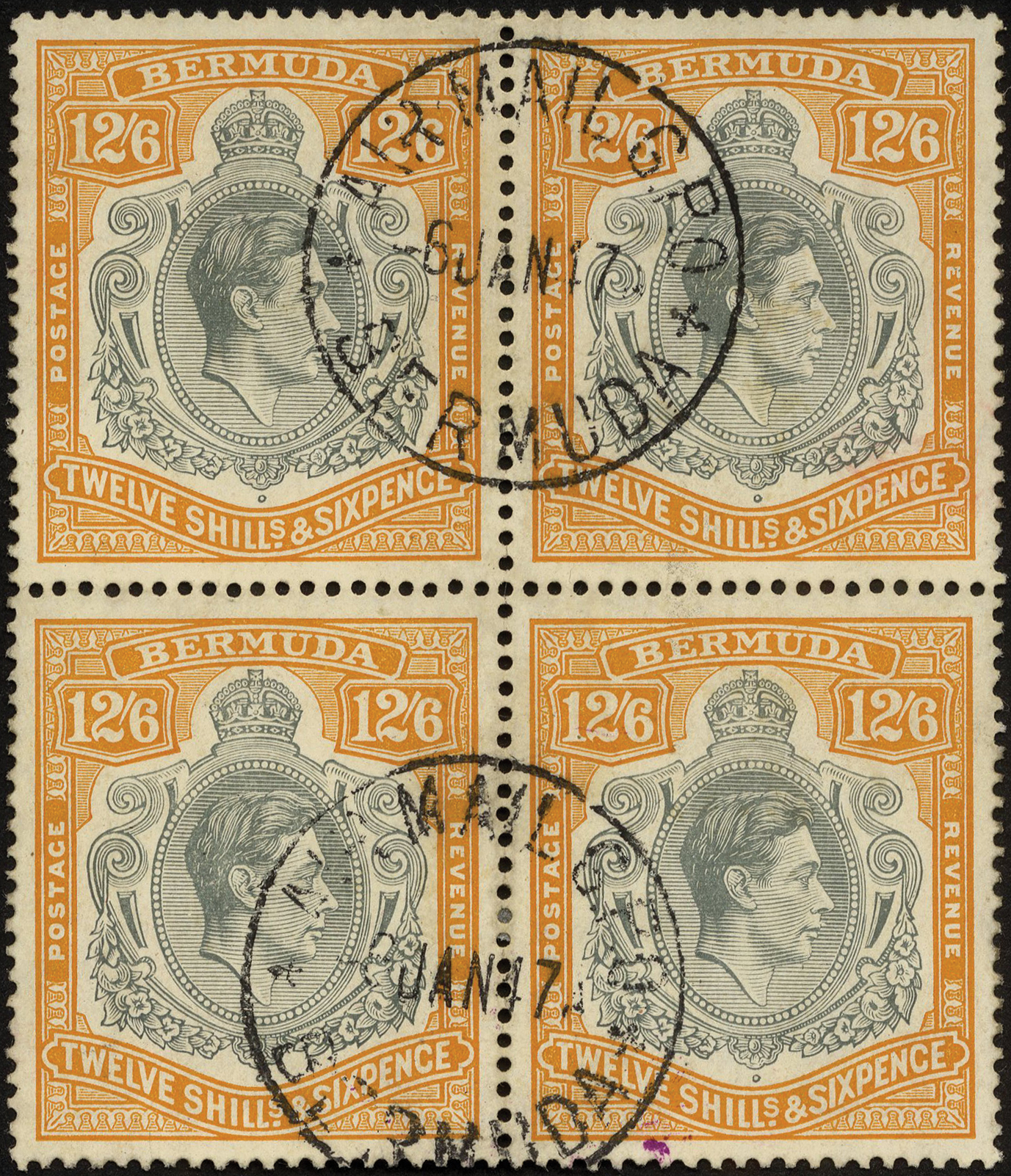 1938 (July) block of four used, Hamilton CDSs 6 JAN 47. SG 120a (£300)/CW 15aa