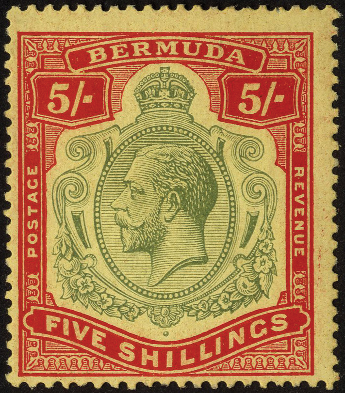 1920 5/- green and carmine-red on pale yellow paper with HPF #24 broken Crown and scroll, mint,