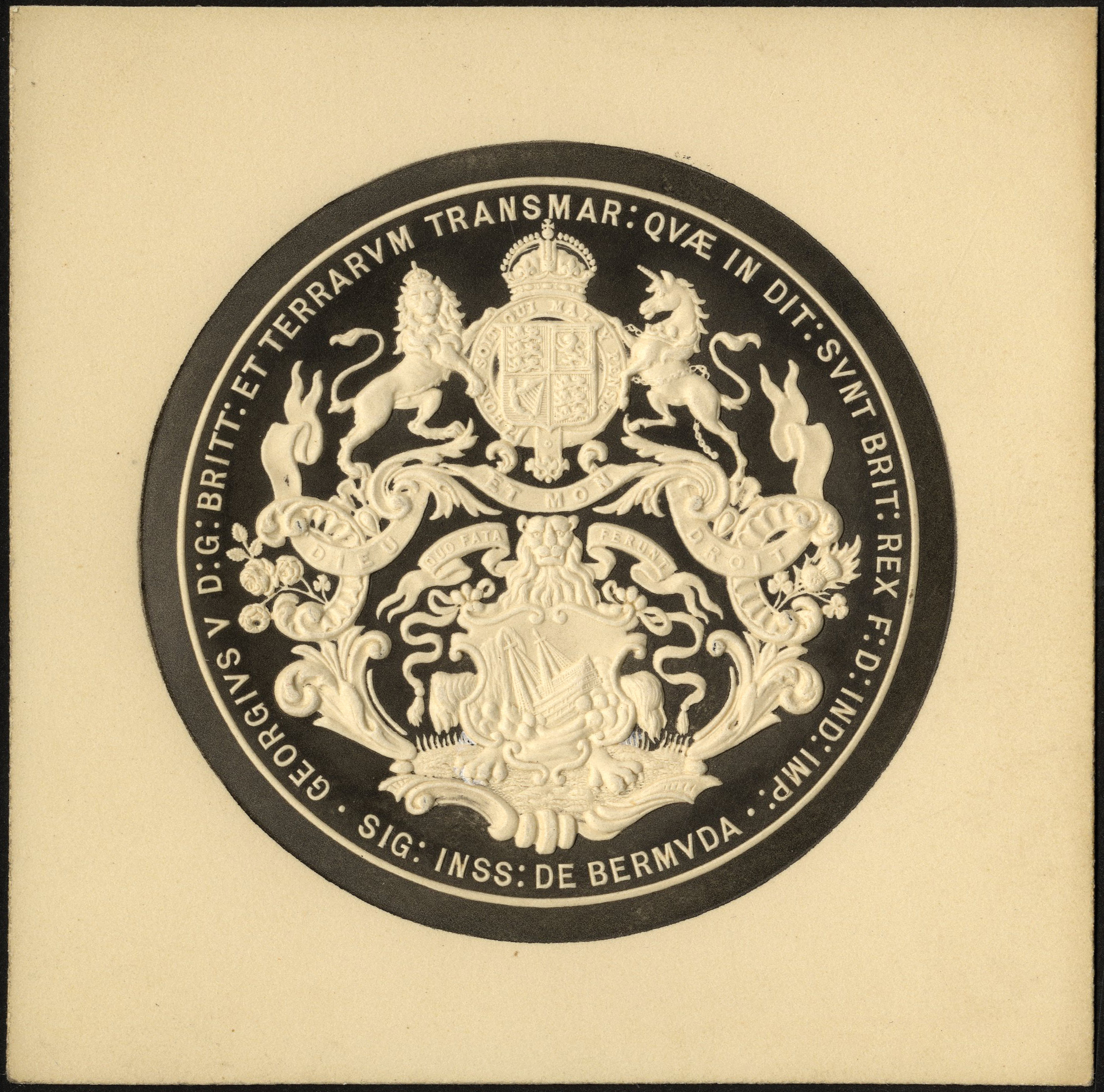 King George V Great Seal of Bermuda embossed on card in black and white. Depicts Royal Coat of