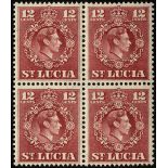 St Lucia. 1950 12ct claret perf 14½ x 14 block of four, unmounted mint, very well centred for this