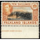 Falkland Islands. 1938 10/- black and light orange, a fresh mint example with part imprint, very